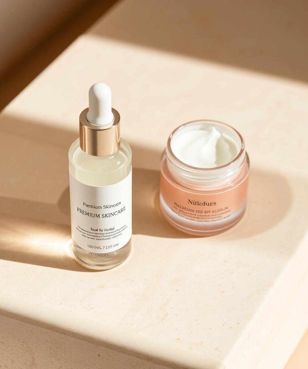 Produtos de skincare sobre superfície clara — imagem ilustrativa
